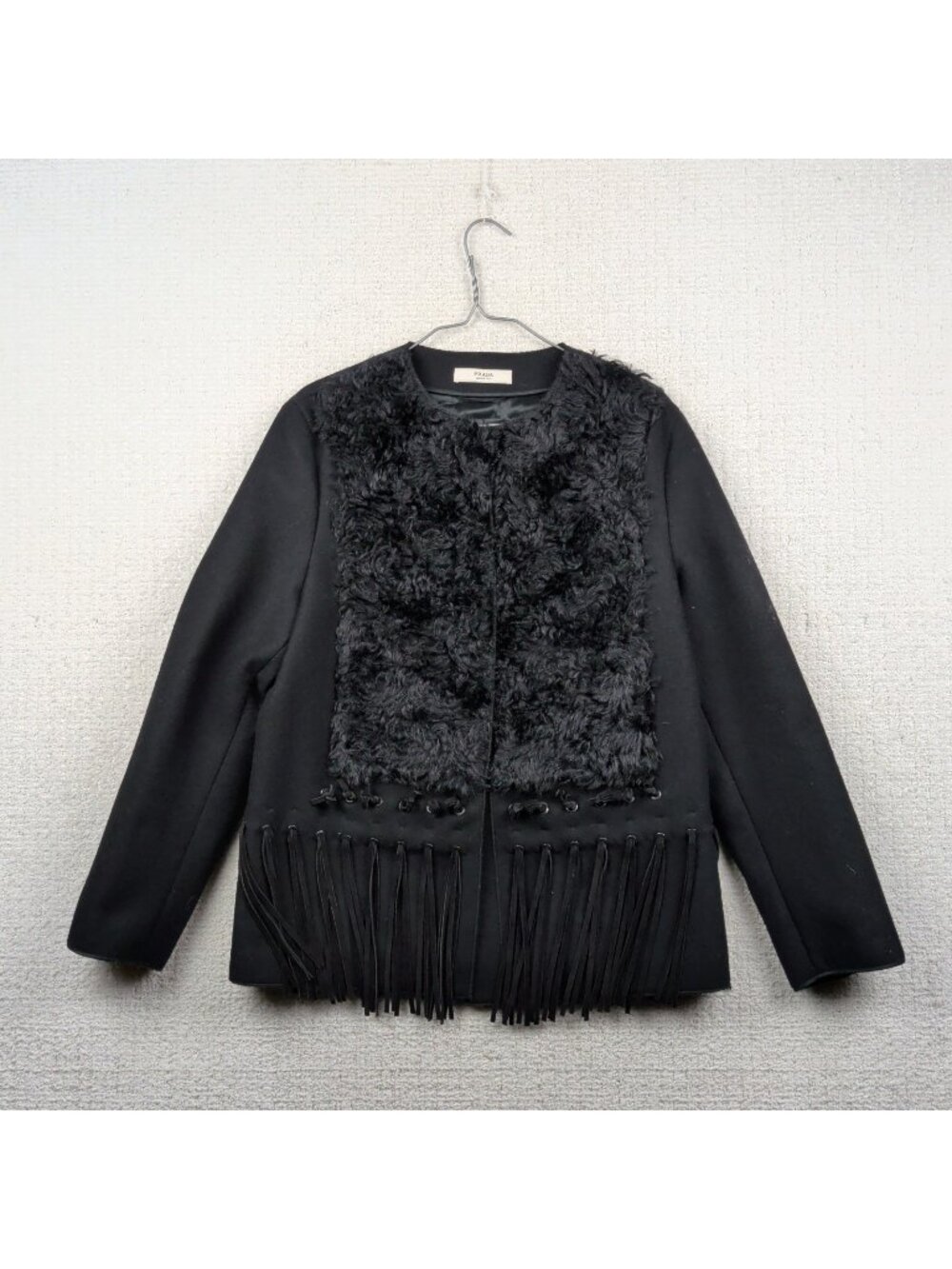 Y2K Prada Black Mohair Wool Jacket Leather Fringe Wom Sz 42 Goth Western Chic